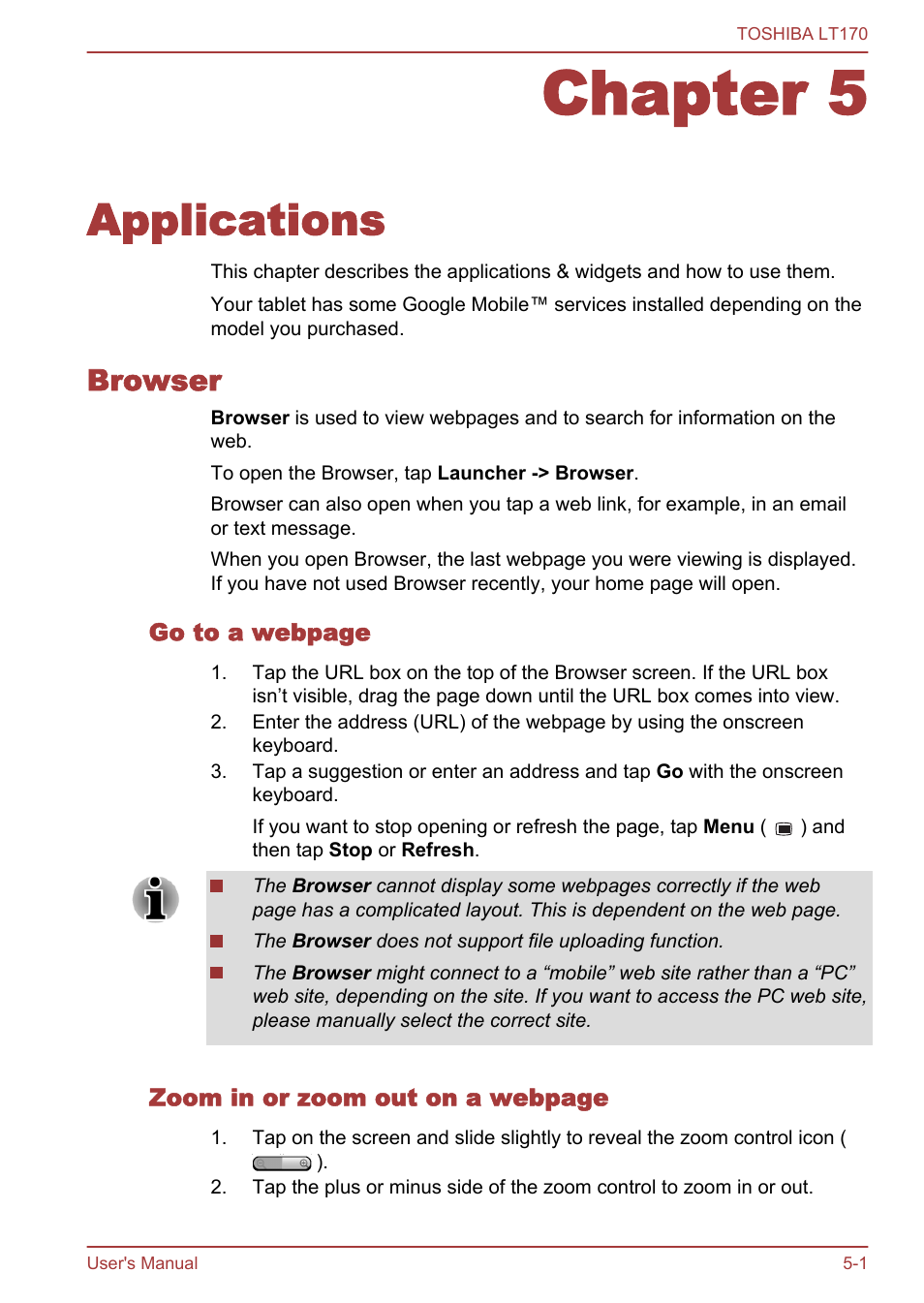 Chapter 5 applications, Browser, Chapter 5 | Applications, Browser -1 | Toshiba LT170 User Manual | Page 33 / 77