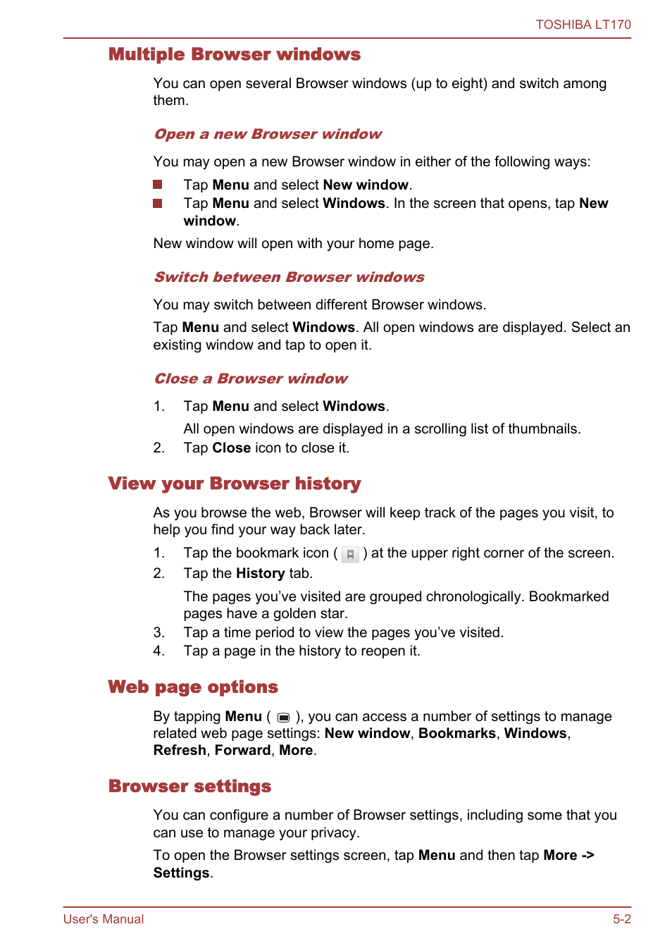 Multiple browser windows, View your browser history, Browser settings | Web page options | Toshiba LT170 User Manual | Page 34 / 77