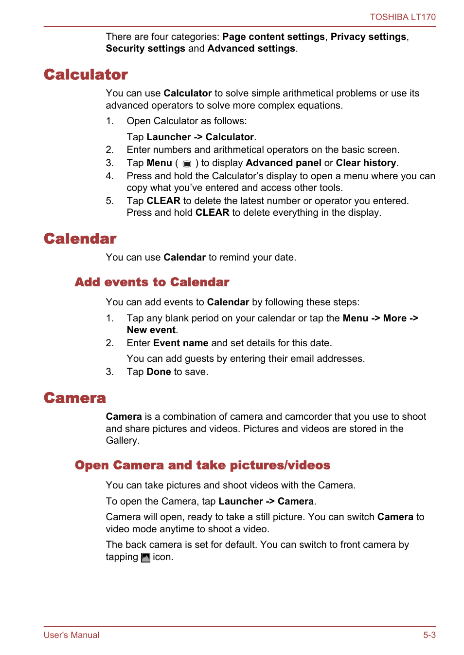 Calculator, Calendar, Add events to calendar | Camera, Open camera and take pictures/videos, Calculator -3 calendar -3 camera -3 | Toshiba LT170 User Manual | Page 35 / 77