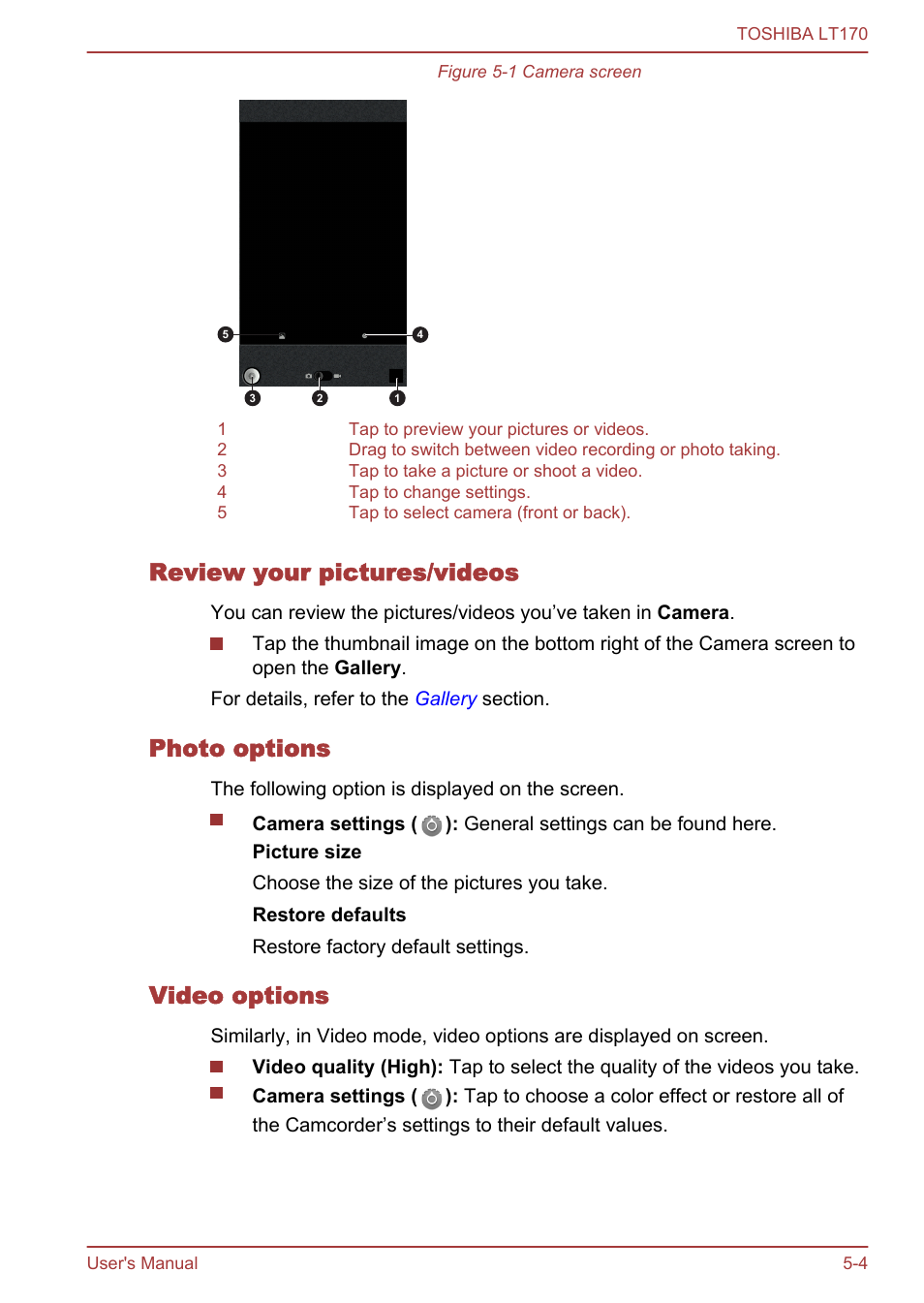 Review your pictures/videos, Photo options, Video options | Toshiba LT170 User Manual | Page 36 / 77