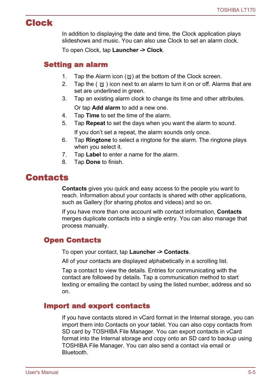 Clock, Setting an alarm, Contacts | Open contacts, Import and export contacts, Clock -5 contacts -5 | Toshiba LT170 User Manual | Page 37 / 77