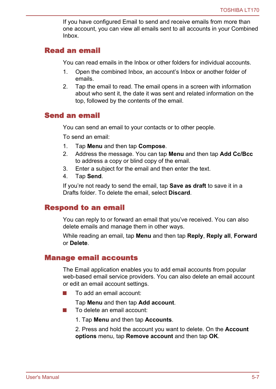 Read an email, Send an email, Respond to an email | Manage email accounts | Toshiba LT170 User Manual | Page 39 / 77