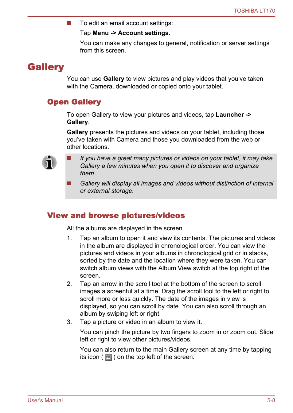 Gallery, Open gallery, View and browse pictures/videos | Gallery -8 | Toshiba LT170 User Manual | Page 40 / 77