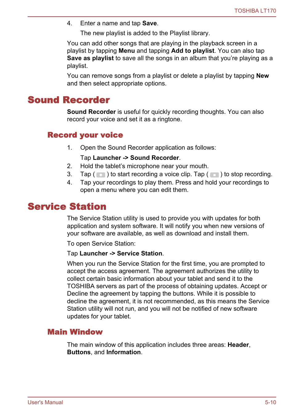 Sound recorder, Record your voice, Service station | Main window, Sound recorder -10 service station -10 | Toshiba LT170 User Manual | Page 42 / 77