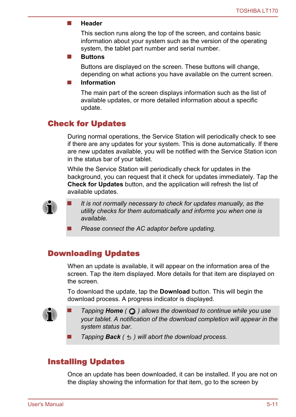 Check for updates, Downloading updates, Installing updates | Toshiba LT170 User Manual | Page 43 / 77