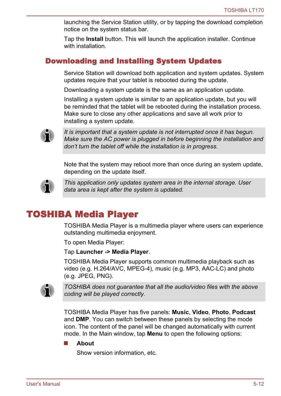 Downloading and installing system updates, Toshiba media player, Toshiba media player -12 | Toshiba, Media player, In this chapter | Toshiba LT170 User Manual | Page 44 / 77