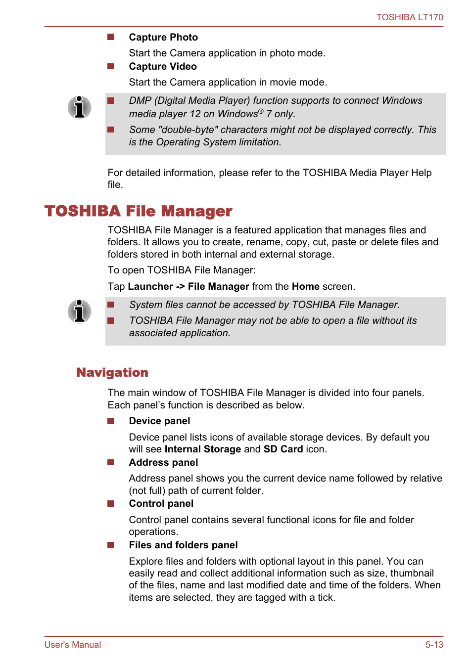 Toshiba file manager, Navigation, Toshiba file manager -13 | Toshiba LT170 User Manual | Page 45 / 77