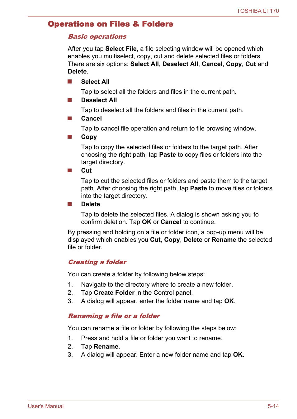 Operations on files & folders | Toshiba LT170 User Manual | Page 46 / 77