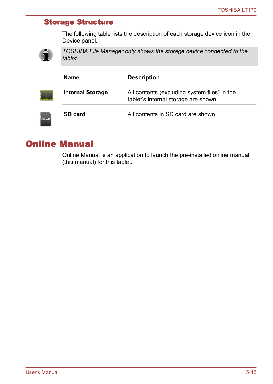 Storage structure, Online manual, Online manual -15 | Toshiba LT170 User Manual | Page 47 / 77