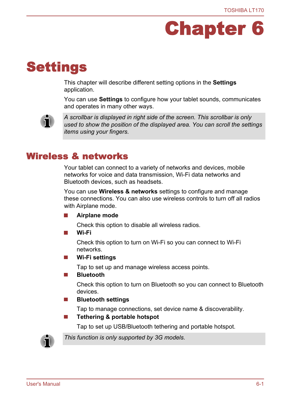 Chapter 6 settings, Wireless & networks, Chapter 6 | Settings, Wireless & networks -1 | Toshiba LT170 User Manual | Page 48 / 77