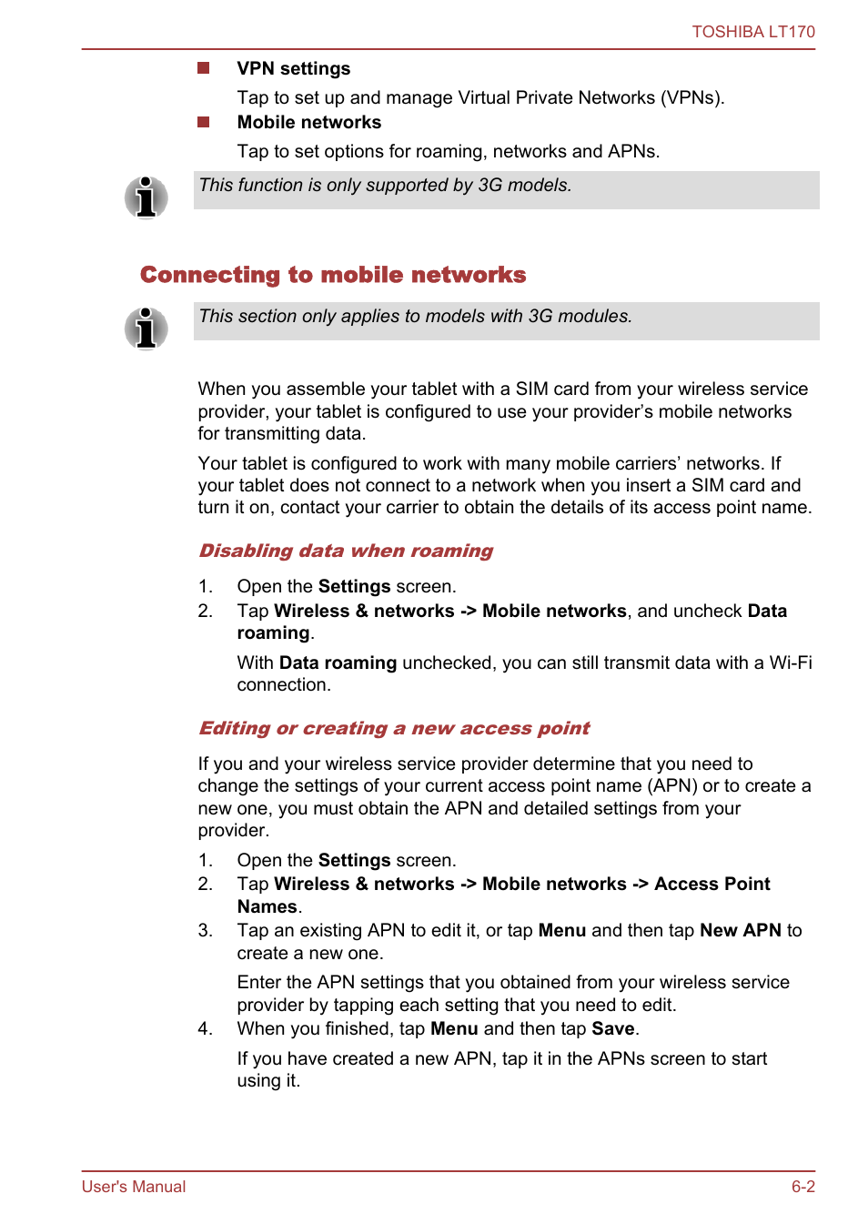 Connecting to mobile networks | Toshiba LT170 User Manual | Page 49 / 77