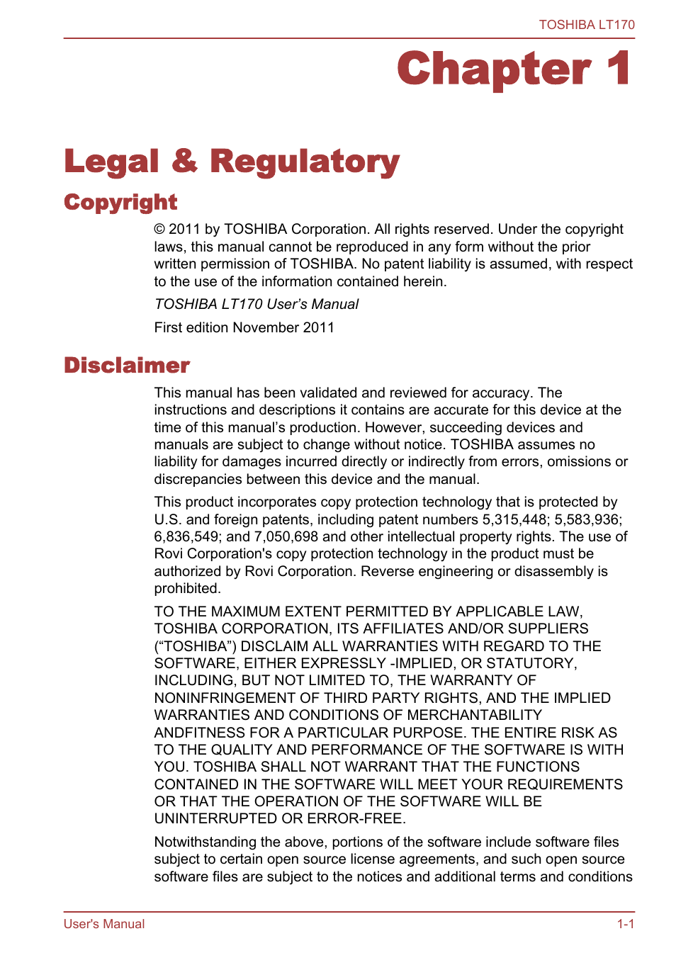 Chapter 1 legal & regulatory, Copyright, Disclaimer | Chapter 1, Legal & regulatory, Copyright -1 disclaimer -1 | Toshiba LT170 User Manual | Page 5 / 77