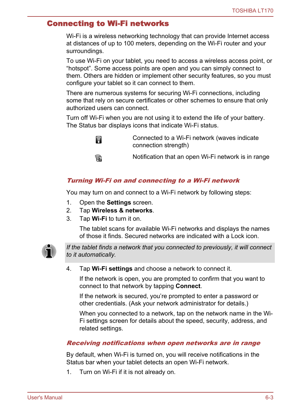 Connecting to wi-fi networks | Toshiba LT170 User Manual | Page 50 / 77