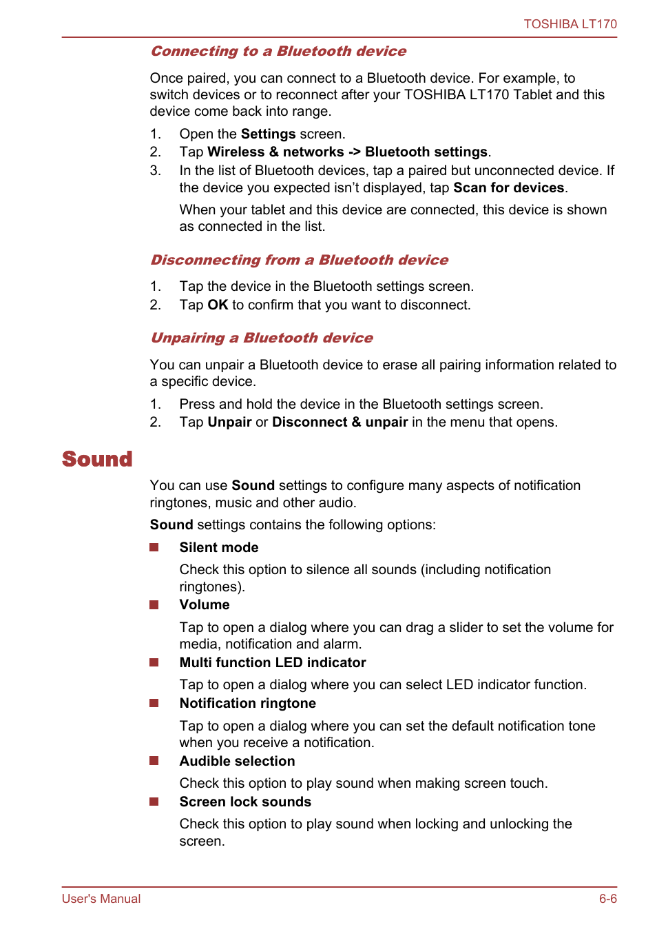 Sound, Sound -6 | Toshiba LT170 User Manual | Page 53 / 77