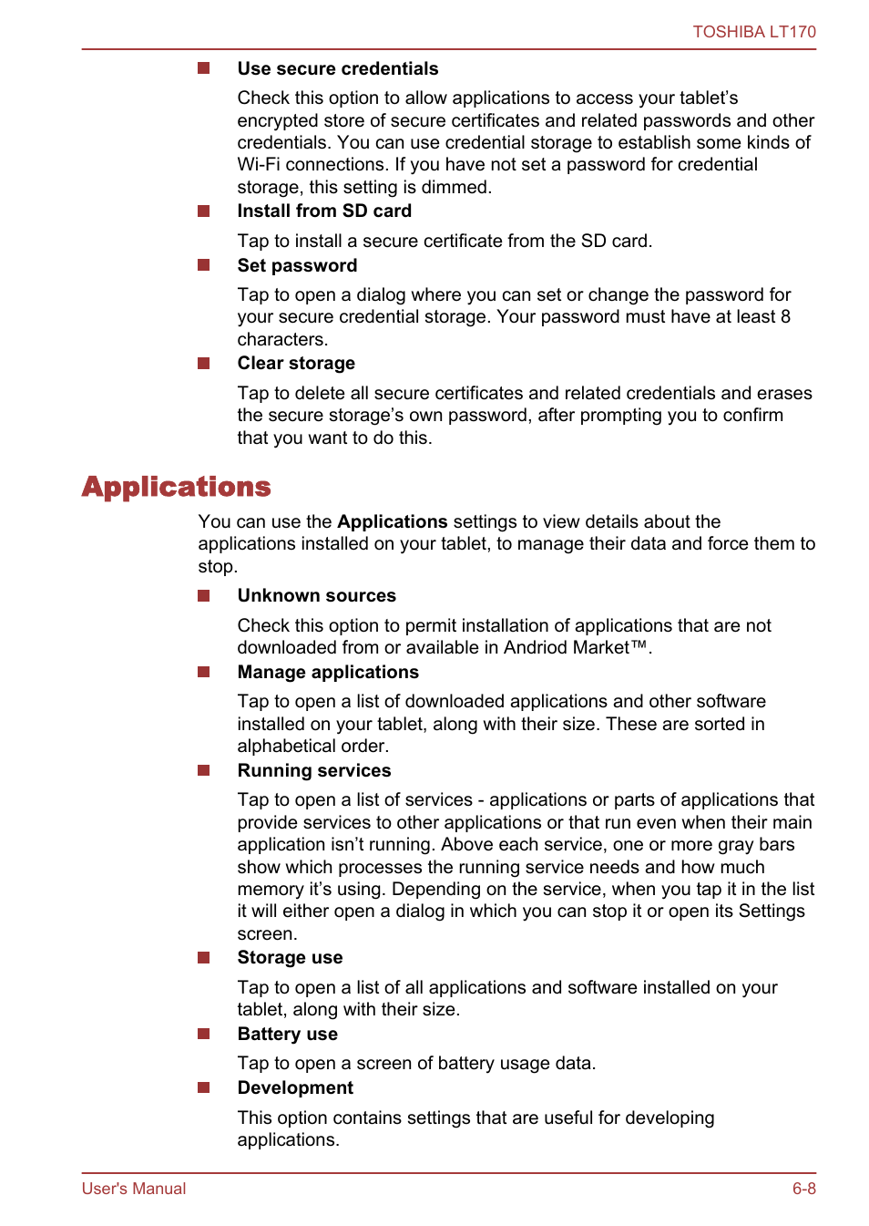 Applications, Applications -8, In settings section for details | Toshiba LT170 User Manual | Page 55 / 77