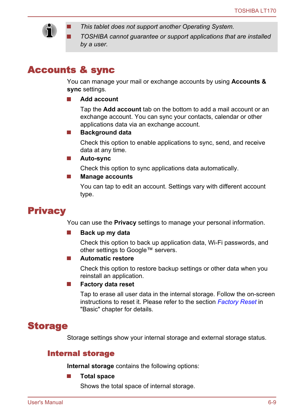 Accounts & sync, Privacy, Storage | Internal storage, Accounts & sync -9 privacy -9 storage -9 | Toshiba LT170 User Manual | Page 56 / 77