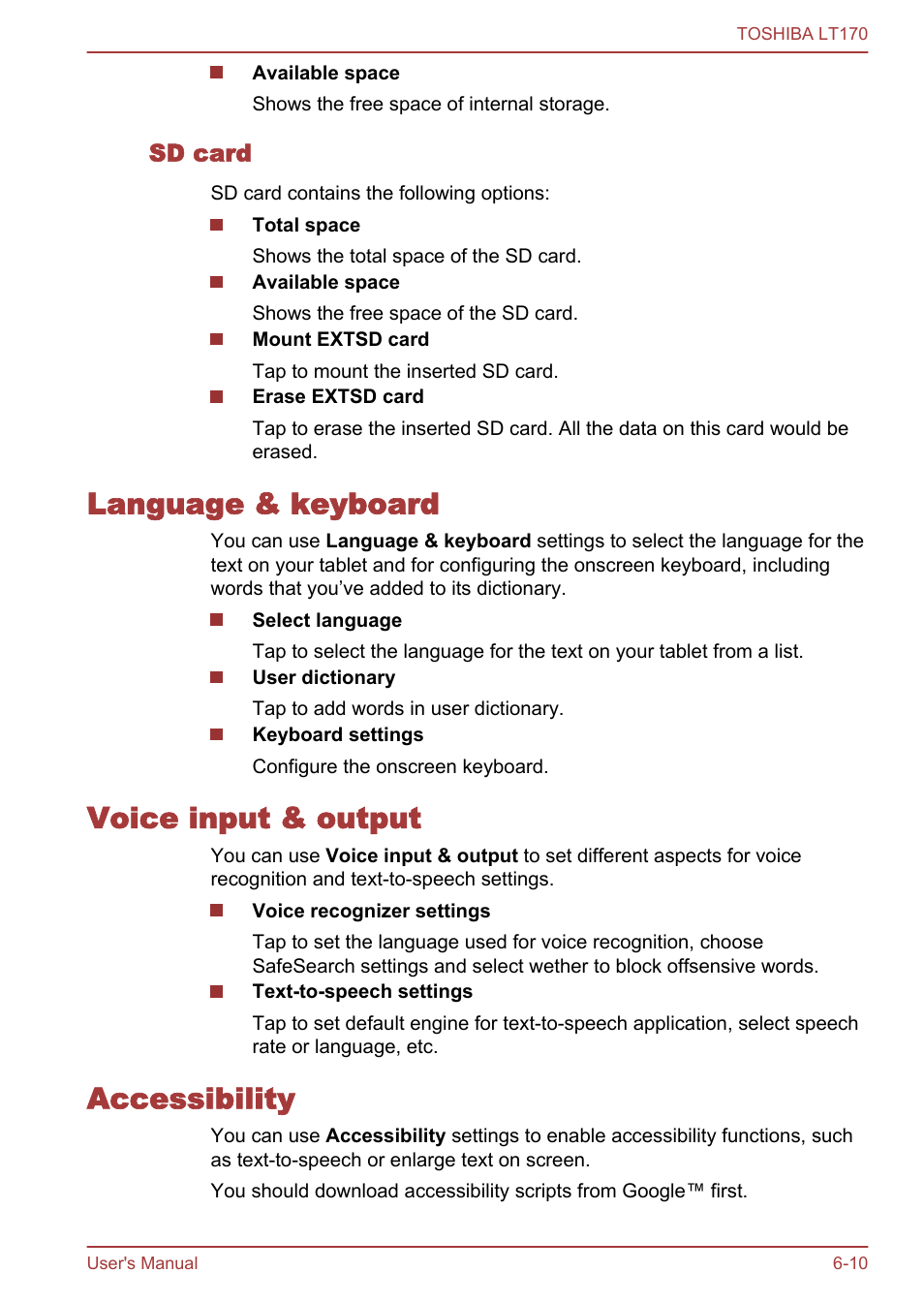 Sd card, Language & keyboard, Voice input & output | Accessibility | Toshiba LT170 User Manual | Page 57 / 77