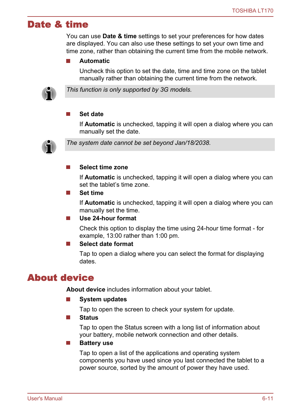 Date & time, About device, Date & time -11 about device -11 | Toshiba LT170 User Manual | Page 58 / 77