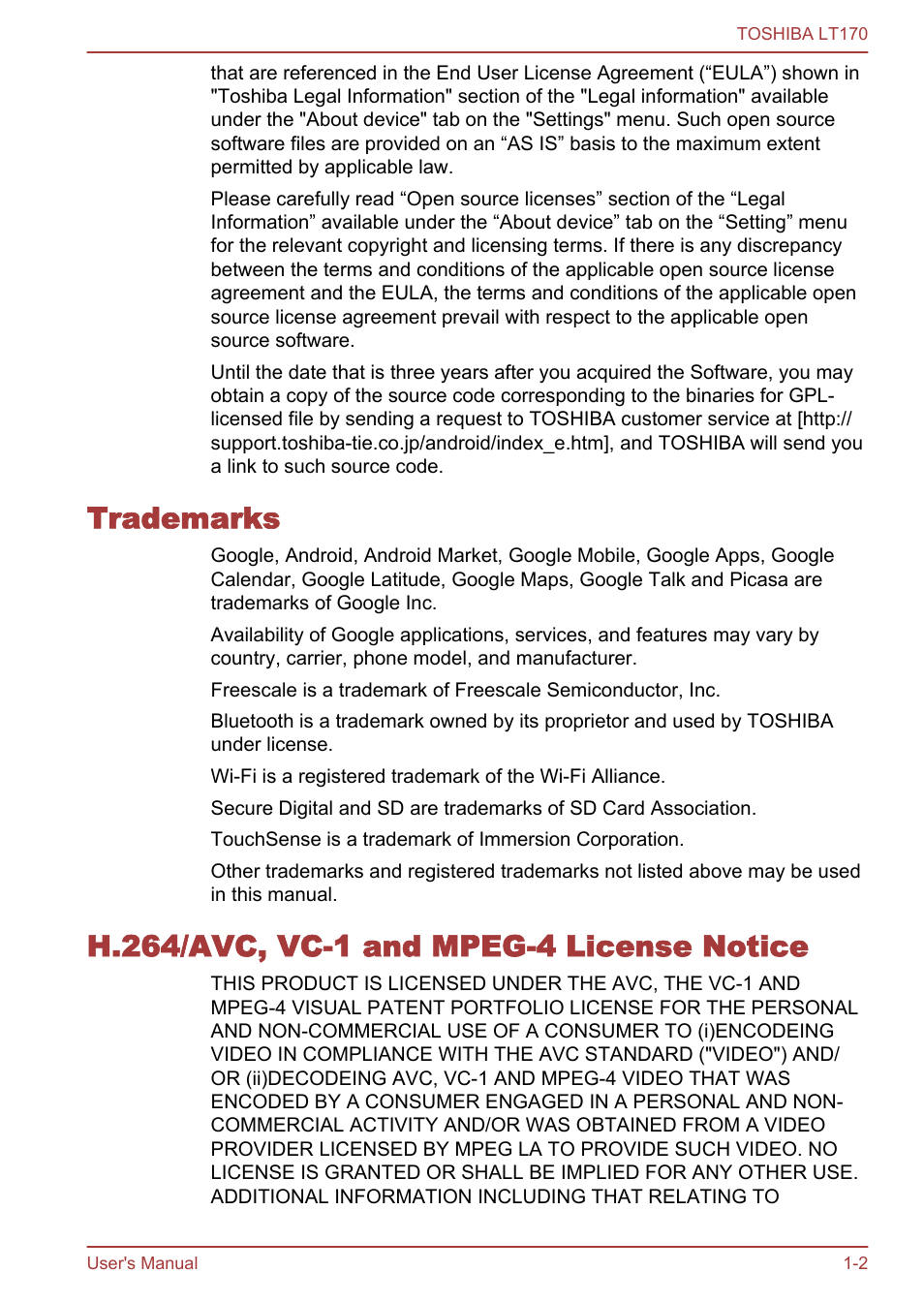 Trademarks, H.264/avc, vc-1 and mpeg-4 license notice | Toshiba LT170 User Manual | Page 6 / 77