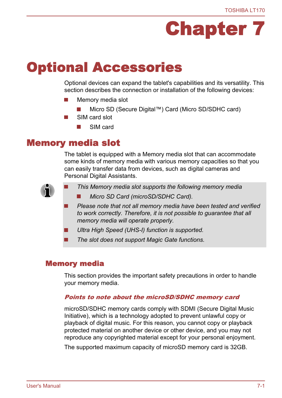 Chapter 7 optional accessories, Memory media slot, Memory media | Chapter 7, Optional accessories, Memory media slot -1 | Toshiba LT170 User Manual | Page 60 / 77