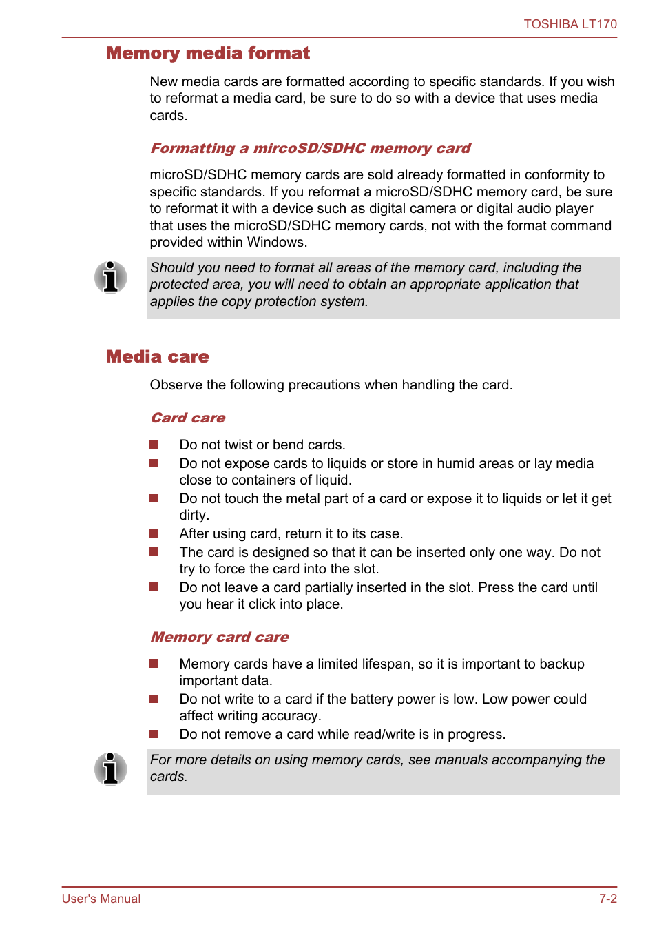 Memory media format, Media care | Toshiba LT170 User Manual | Page 61 / 77