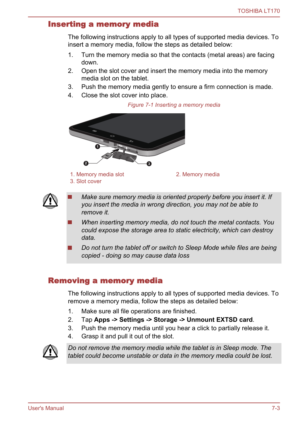 Inserting a memory media, Removing a memory media | Toshiba LT170 User Manual | Page 62 / 77