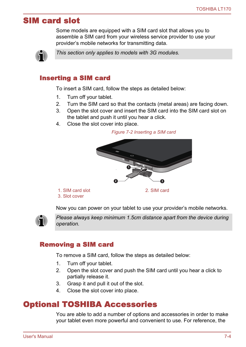 Sim card slot, Inserting a sim card, Removing a sim card | Optional toshiba accessories, Sim card slot -4 optional toshiba accessories -4 | Toshiba LT170 User Manual | Page 63 / 77