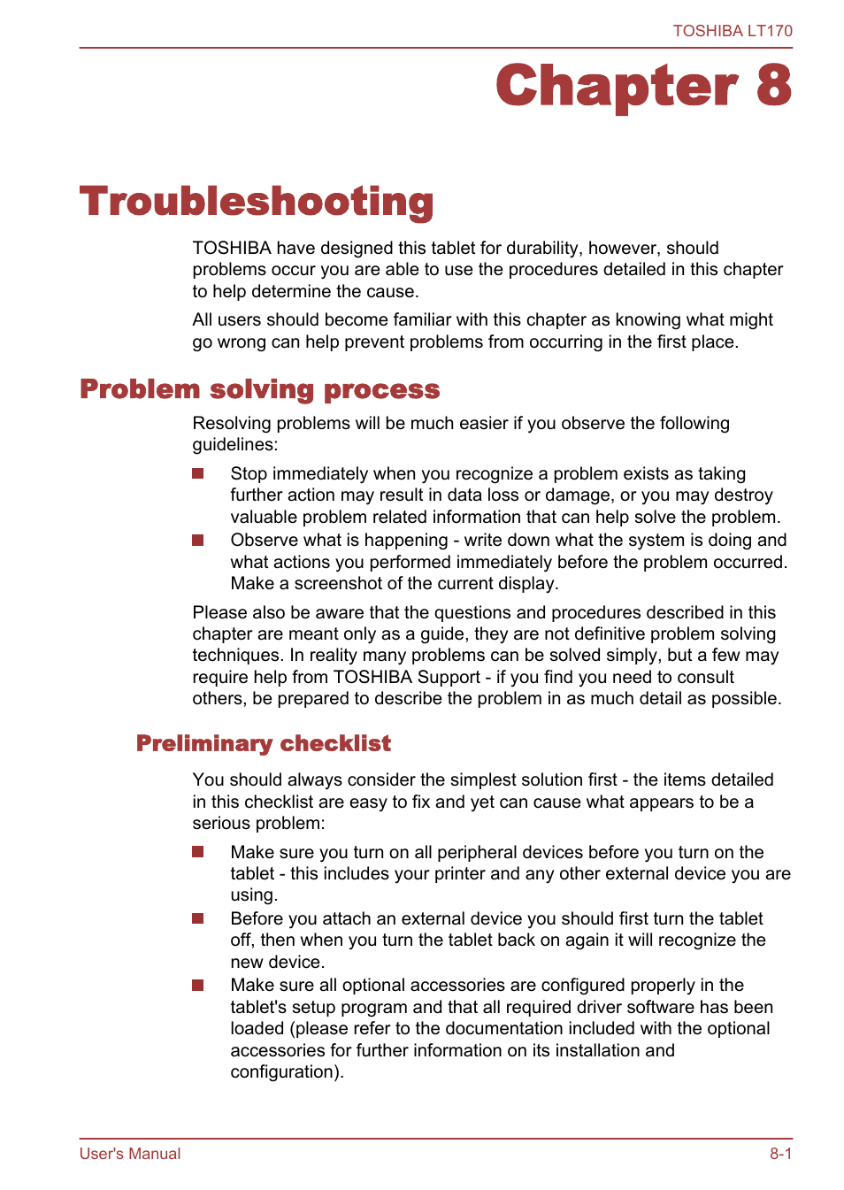 Chapter 8 troubleshooting, Problem solving process, Preliminary checklist | Chapter 8, Troubleshooting, Problem solving process -1 | Toshiba LT170 User Manual | Page 65 / 77