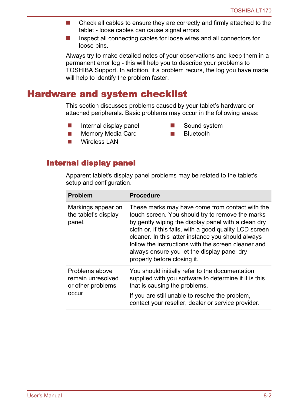 Hardware and system checklist, Internal display panel, Hardware and system checklist -2 | Toshiba LT170 User Manual | Page 66 / 77