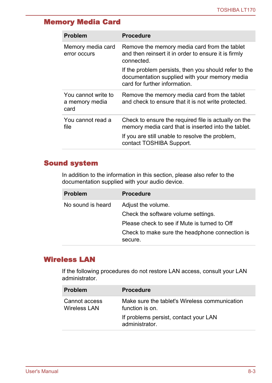 Memory media card, Sound system, Wireless lan | Toshiba LT170 User Manual | Page 67 / 77