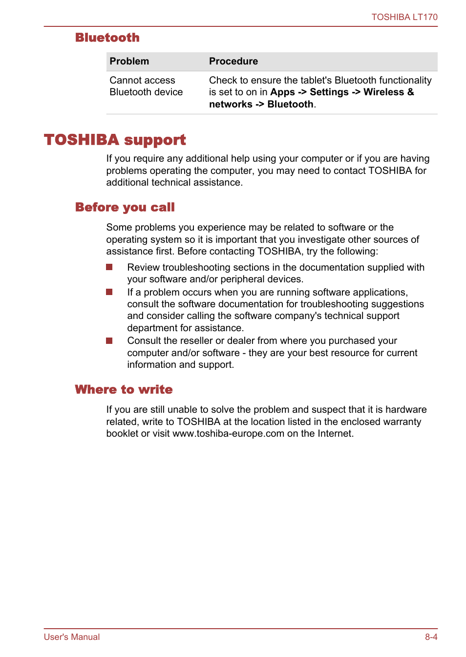 Bluetooth, Toshiba support, Before you call | Where to write, Toshiba support -4 | Toshiba LT170 User Manual | Page 68 / 77