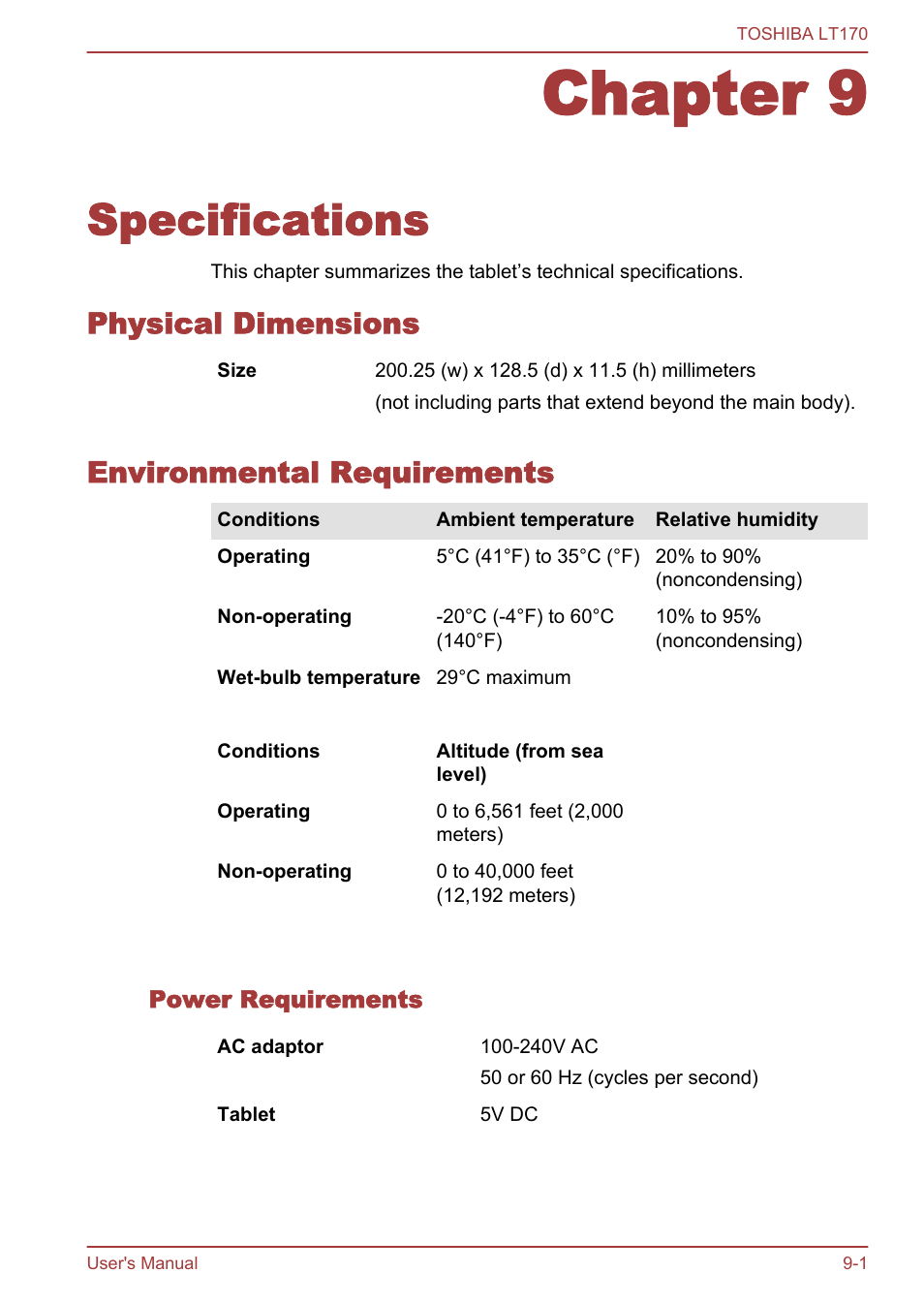 Chapter 9 specifications, Physical dimensions, Environmental requirements | Power requirements, Chapter 9, Specifications | Toshiba LT170 User Manual | Page 69 / 77