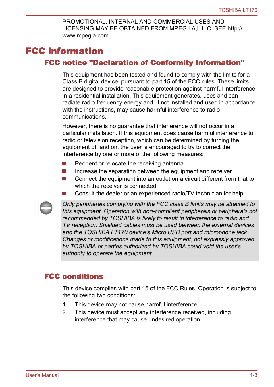 Fcc information, Fcc notice "declaration of conformity information, Fcc conditions | Fcc information -3 | Toshiba LT170 User Manual | Page 7 / 77