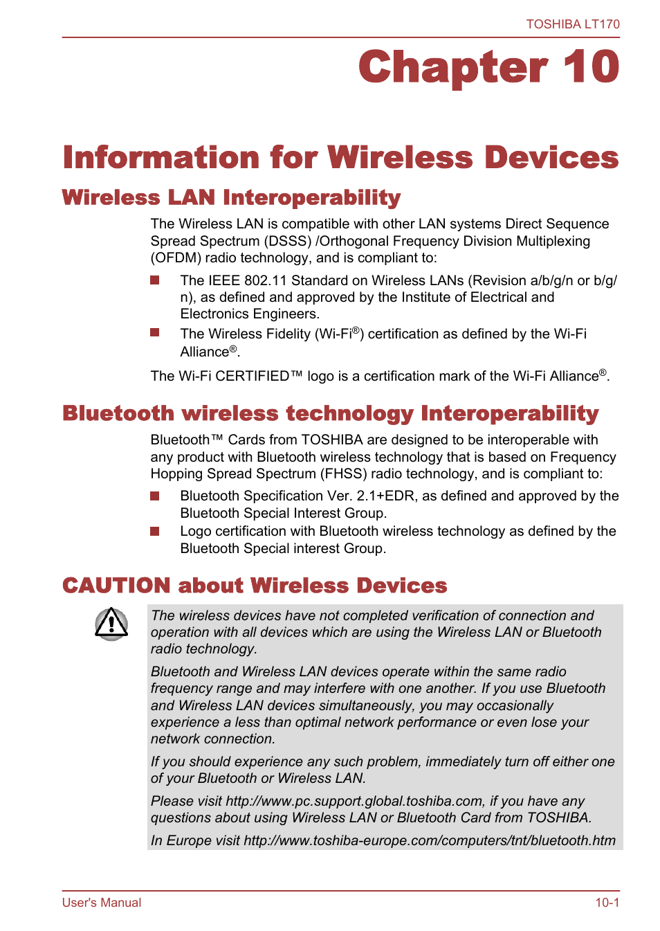 Chapter 10 information for wireless devices, Wireless lan interoperability, Bluetooth wireless technology interoperability | Caution about wireless devices, Chapter 10, Information for wireless devices | Toshiba LT170 User Manual | Page 70 / 77