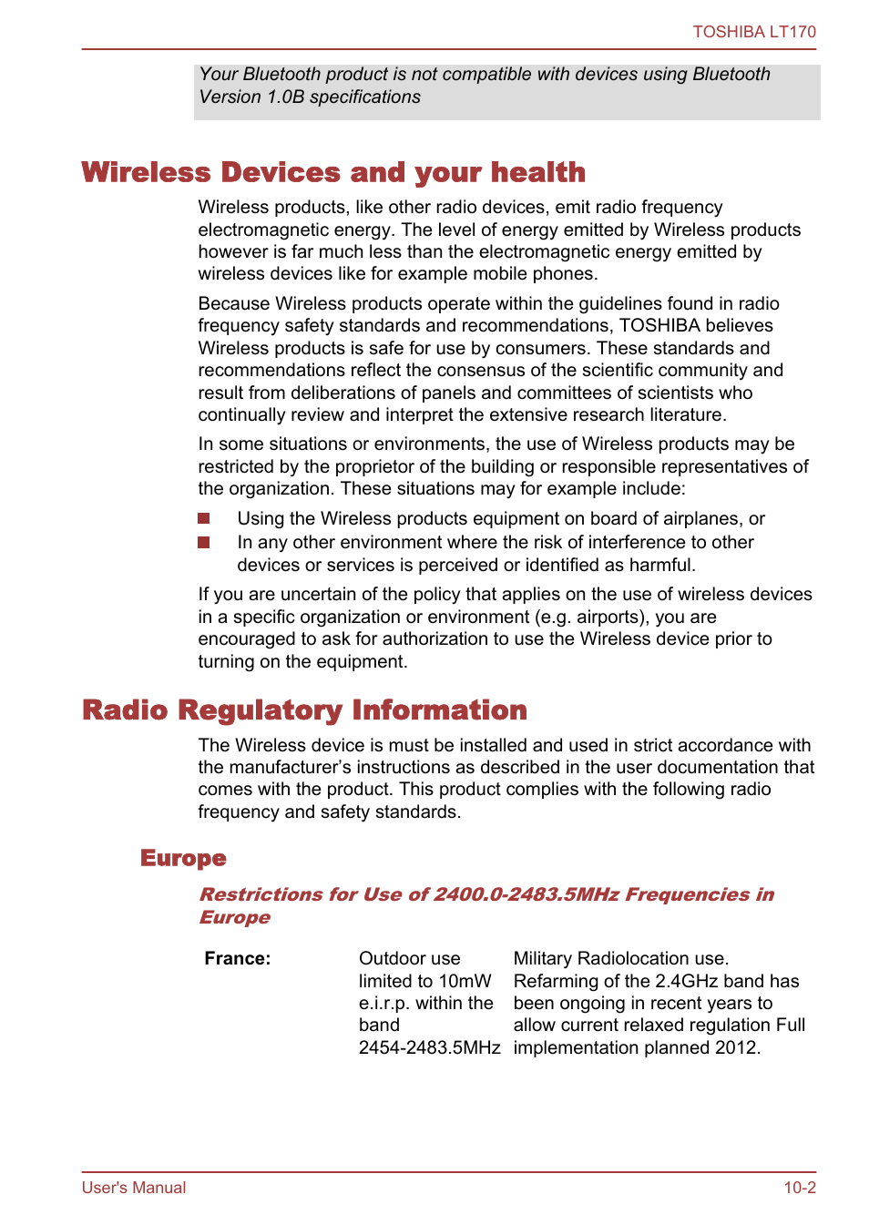 Wireless devices and your health, Radio regulatory information, Europe | Toshiba LT170 User Manual | Page 71 / 77