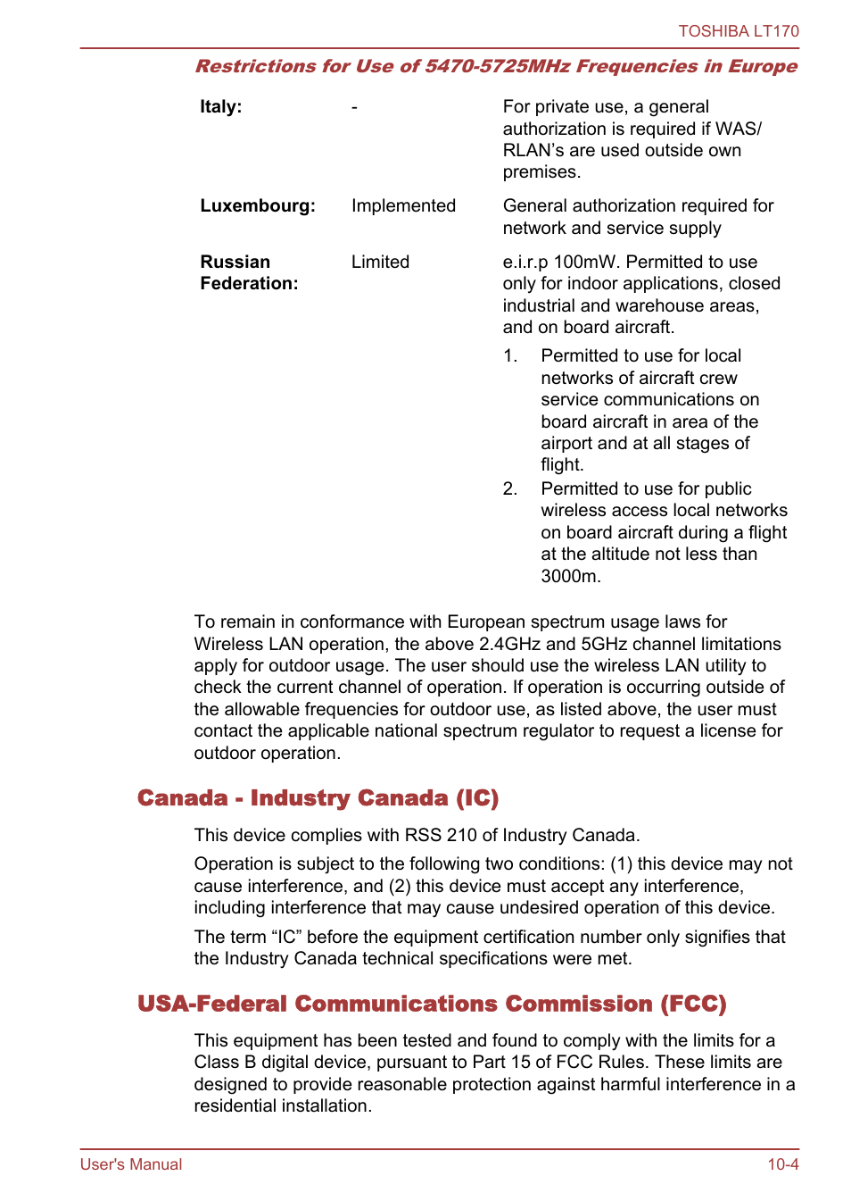 Canada - industry canada (ic), Usa-federal communications commission (fcc) | Toshiba LT170 User Manual | Page 73 / 77