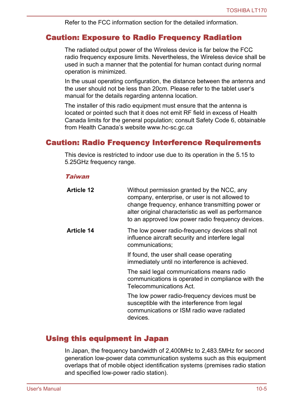 Caution: exposure to radio frequency radiation, Caution: radio frequency interference requirements, Using this equipment in japan | Toshiba LT170 User Manual | Page 74 / 77