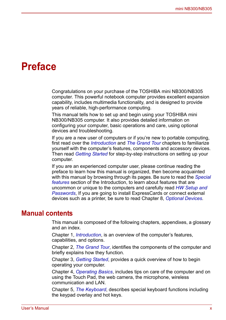 Preface, Manual contents | Toshiba NB305 User Manual | Page 10 / 143