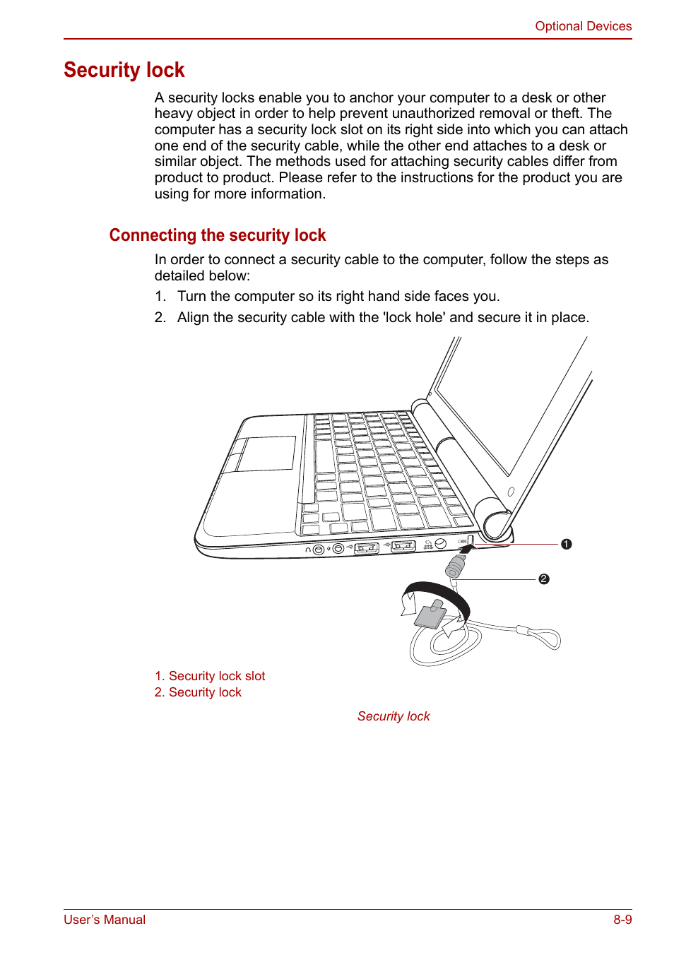 Security lock, Security lock -9, Connecting the security lock | Toshiba NB305 User Manual | Page 101 / 143