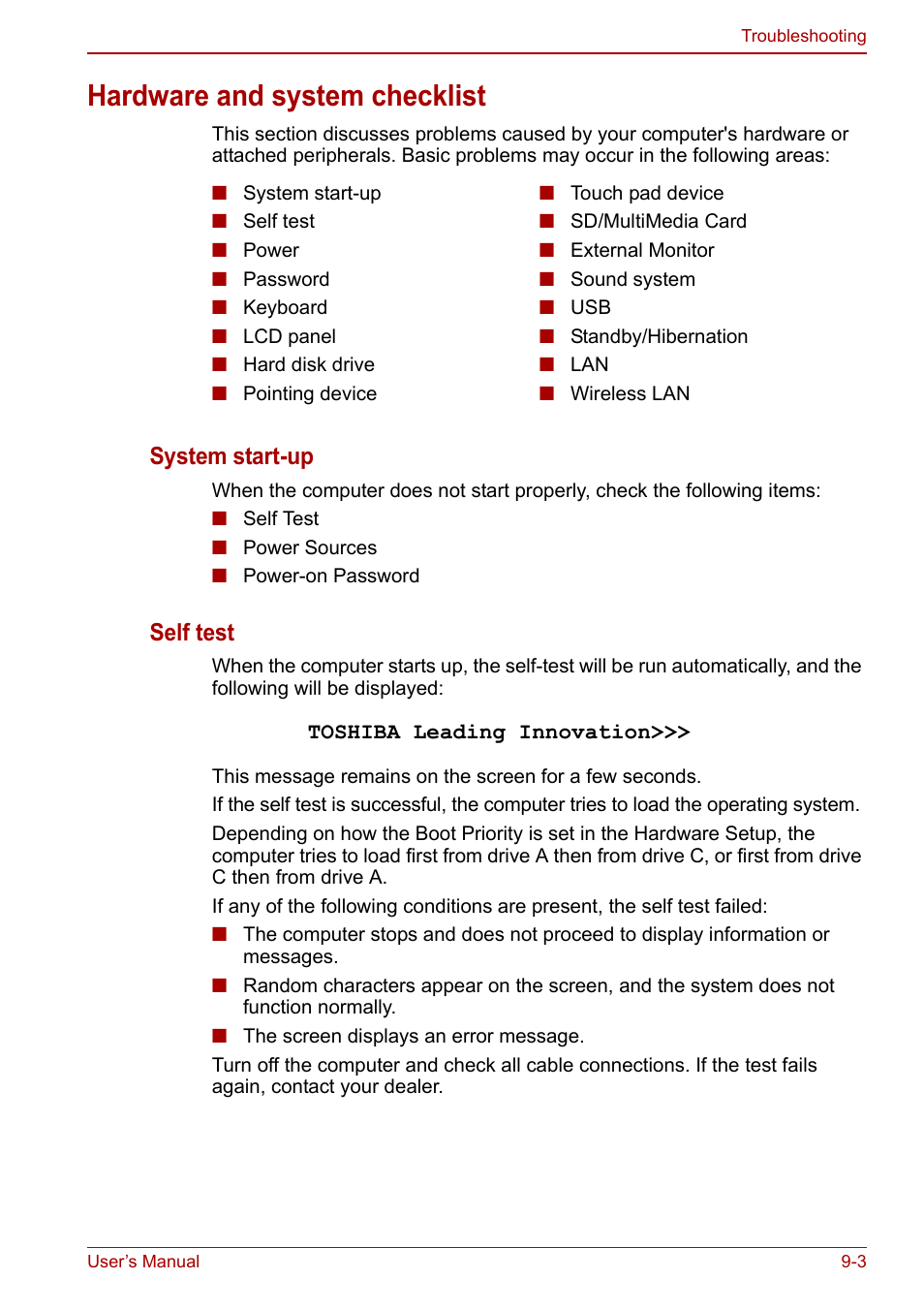 Hardware and system checklist, Hardware and system checklist -3, System start-up | Self test | Toshiba NB305 User Manual | Page 104 / 143