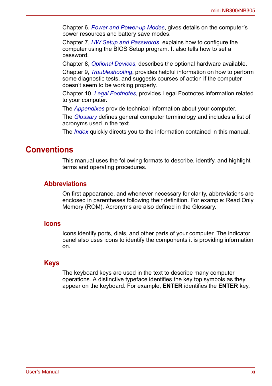 Conventions, Abbreviations, Icons | Keys | Toshiba NB305 User Manual | Page 11 / 143