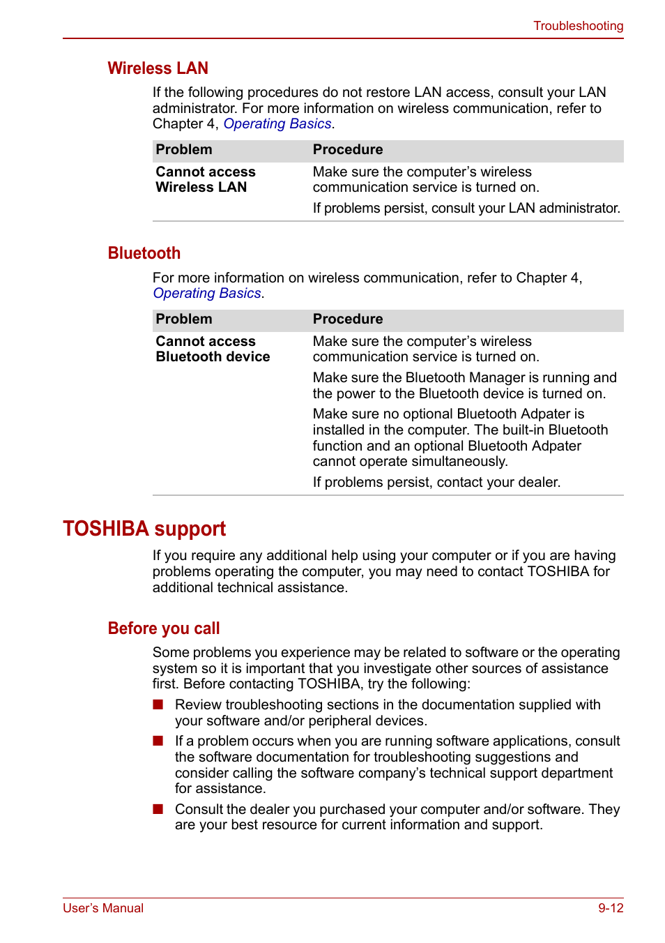 Toshiba support, Toshiba support -12, Wireless lan | Bluetooth, Before you call | Toshiba NB305 User Manual | Page 113 / 143