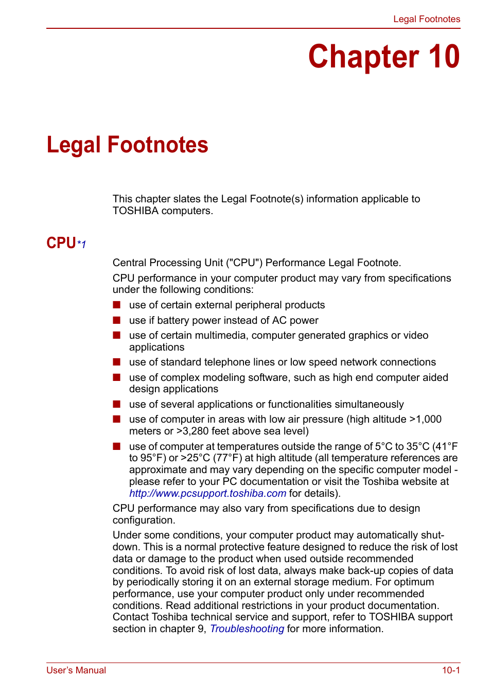 Chapter 10: legal footnotes, Cpu*1, Chapter 10 | Legal footnotes, Legal footnote (cpu), Section, Legal, Footnotes | Toshiba NB305 User Manual | Page 115 / 143