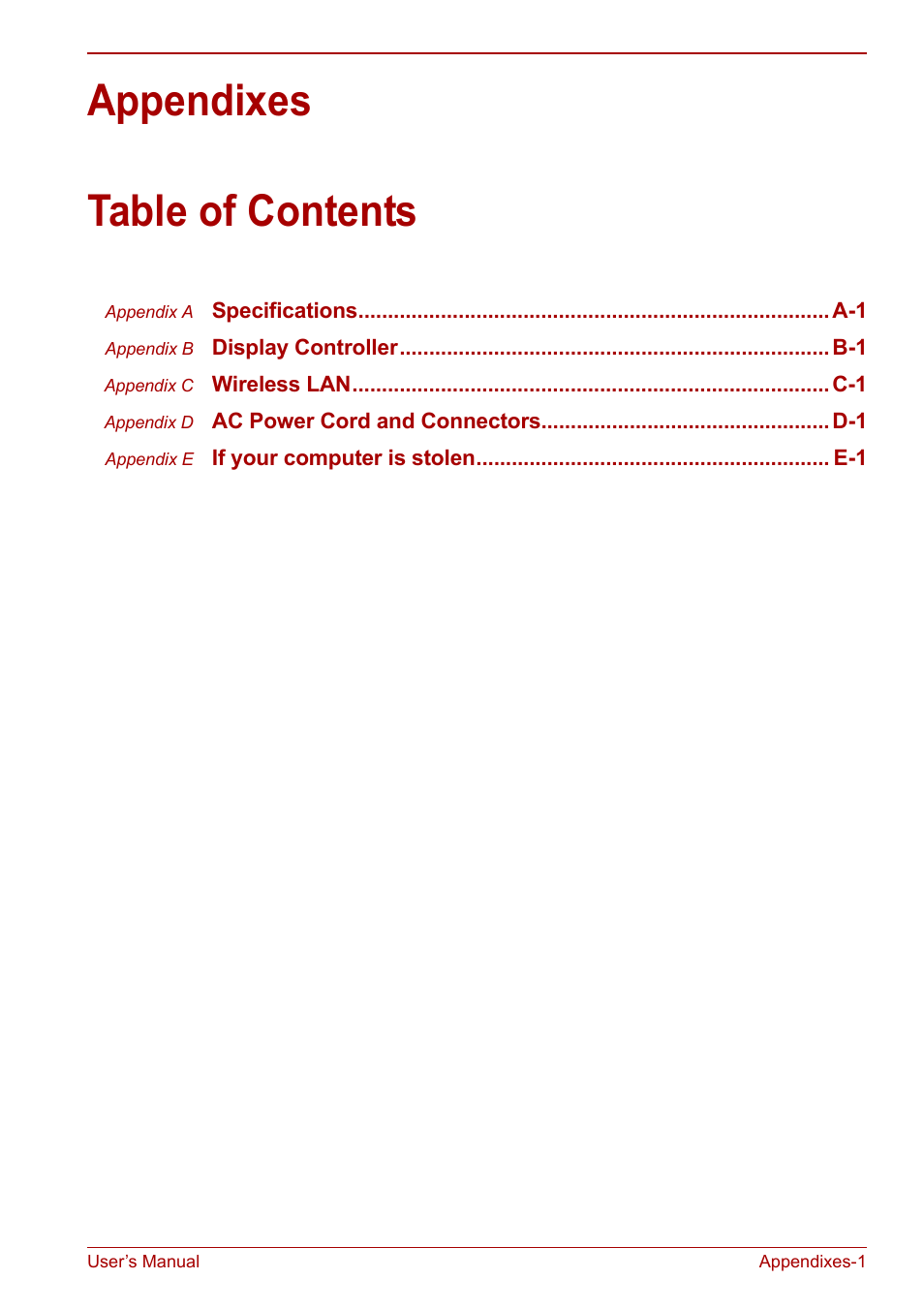Appendixes, Appendixes table of contents | Toshiba NB305 User Manual | Page 118 / 143