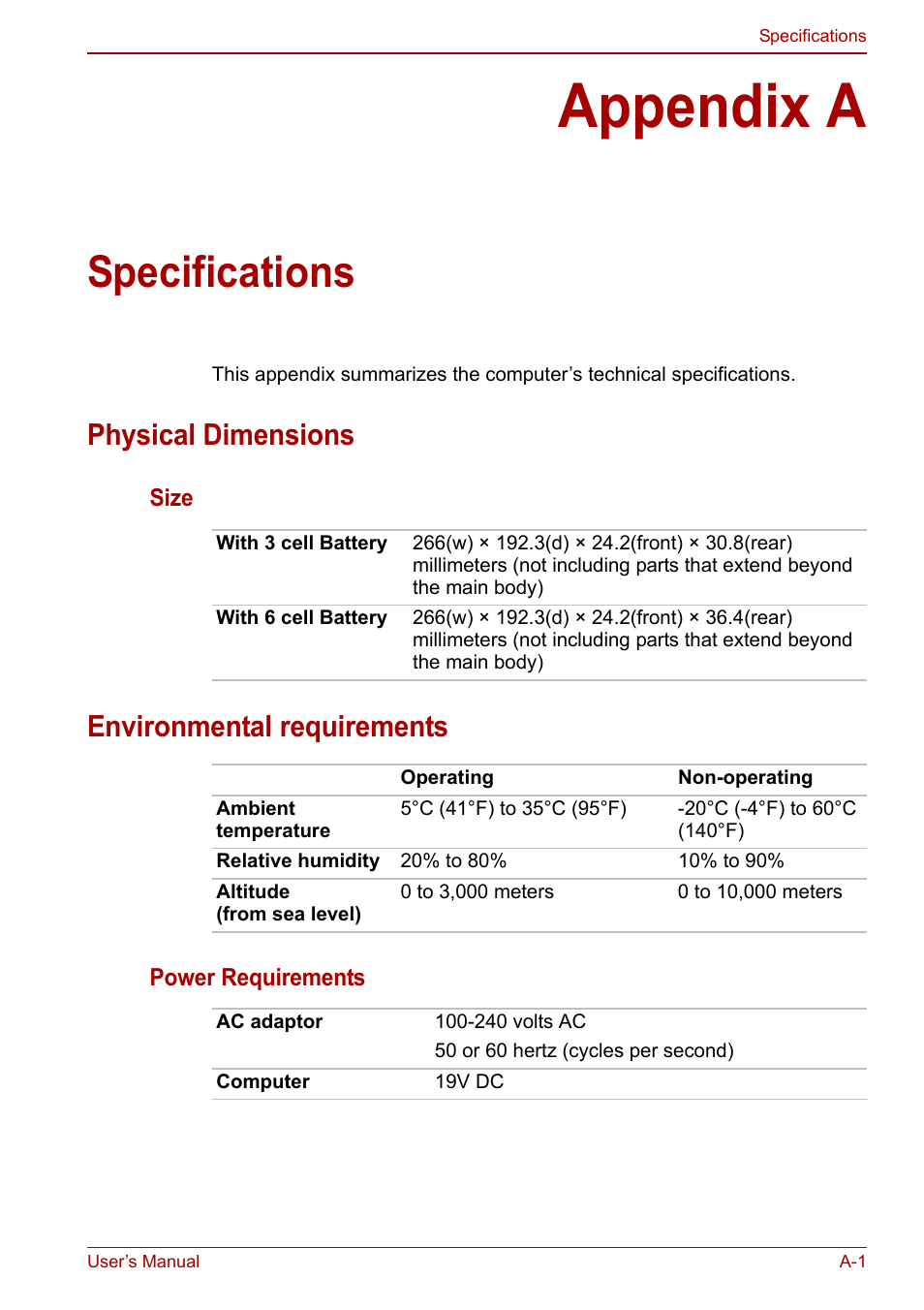 Appendix a: specifications, Appendix a, Specifications | Physical dimensions, Environmental requirements | Toshiba NB305 User Manual | Page 119 / 143