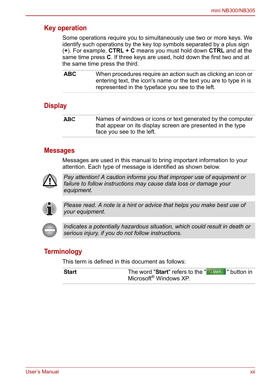 Key operation, Display messages, Terminology | Toshiba NB305 User Manual | Page 12 / 143