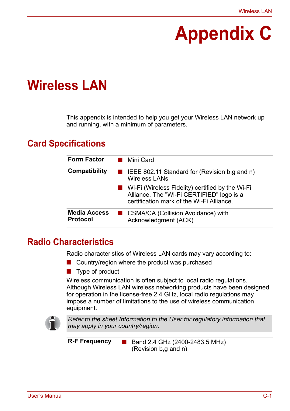 Appendix c: wireless lan, Appendix c, Wireless lan | Card specifications radio characteristics | Toshiba NB305 User Manual | Page 121 / 143
