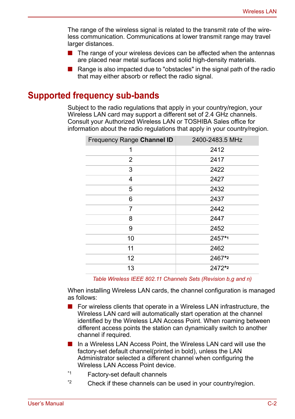 Supported frequency sub-bands | Toshiba NB305 User Manual | Page 122 / 143