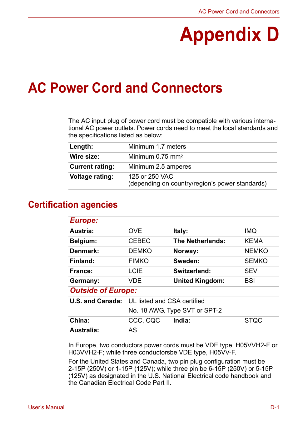 Appendix d: ac power cord and connectors, Appendix d, Ac power cord and connectors | Appendix e, Certification agencies | Toshiba NB305 User Manual | Page 123 / 143