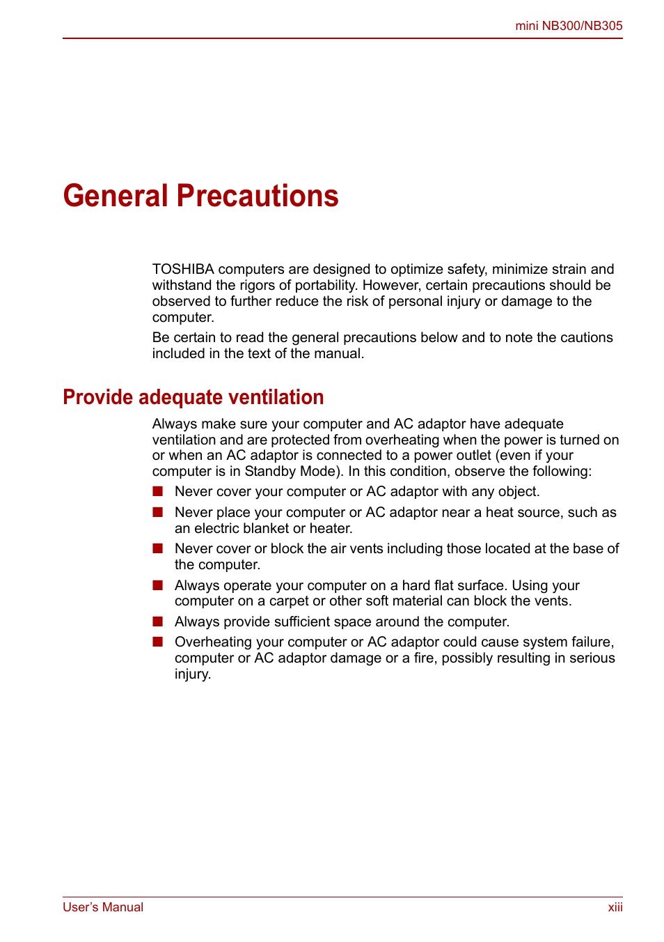 General precautions, Provide adequate ventilation | Toshiba NB305 User Manual | Page 13 / 143